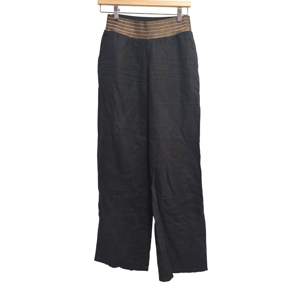 Bebe Linen Metallic Waistband Boho Black Wide Leg Pants Gold Accent Small S